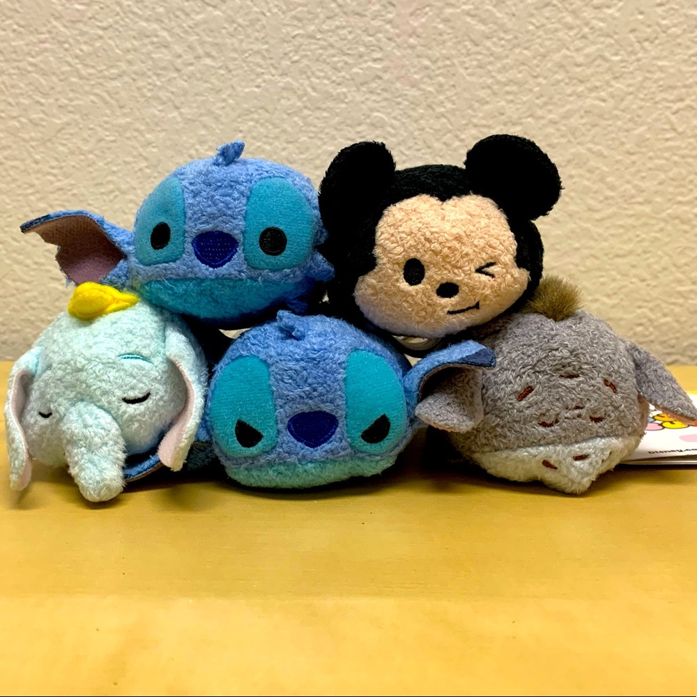 Disney Parks Tsum Tsum Mini 5 Plush Set: Mickey Mouse, Eeyore, Dumbo, & 2 Stitch